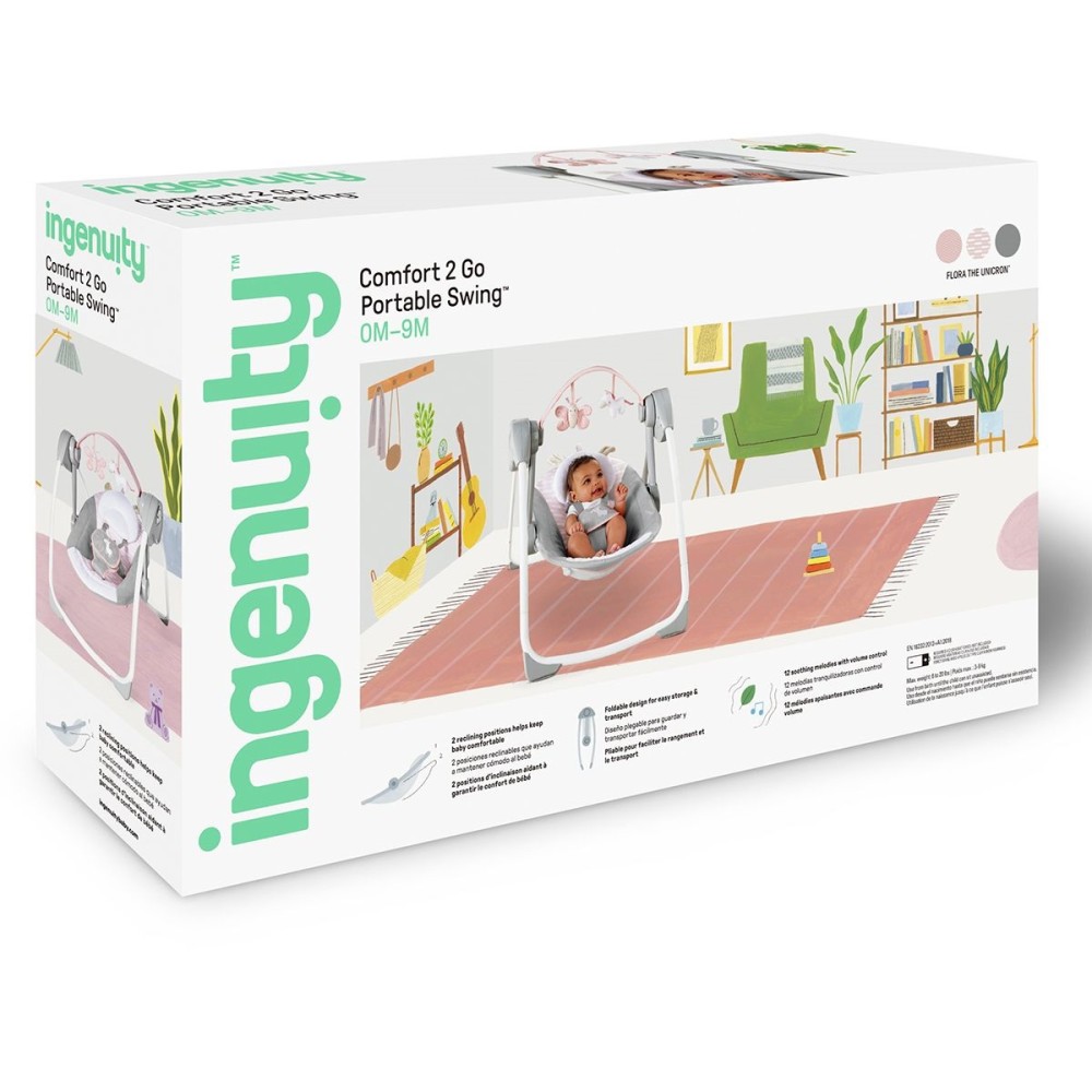 Ingenuity Comfort2Go - портативне крісло-гойдалка з 6-ма швидкостями гойдання та мелодіями • Flora the Unicorn (12202)