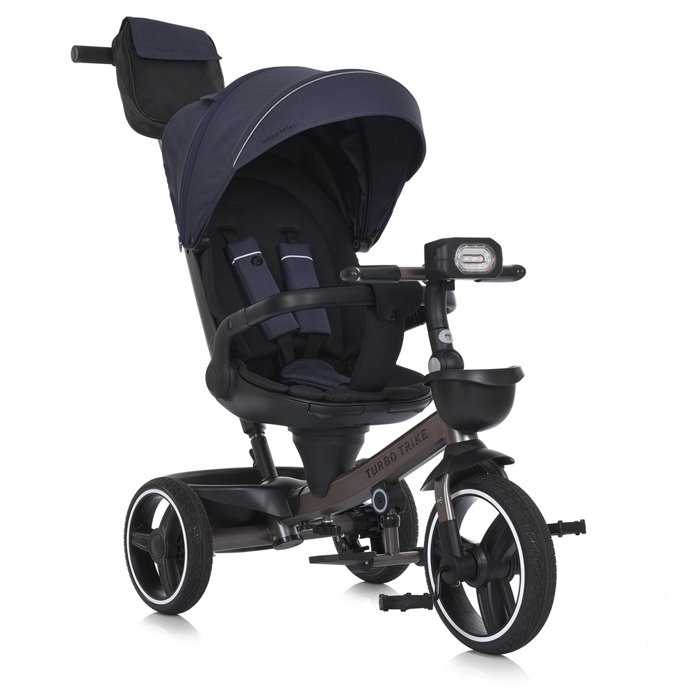 Turbo Trike MT 1002-9 - дитячий триколісний велосипед з батьківською ручкою, поворотне сидіння 360, складне кермо, ігрова панель, пластиковий кошик (від 1.5 до 3 років) • Темно-синій
