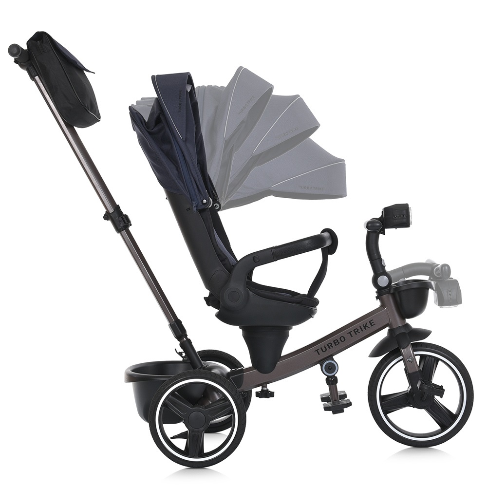 Turbo Trike MT 1002-9 - дитячий триколісний велосипед з батьківською ручкою, поворотне сидіння 360, складне кермо, ігрова панель, пластиковий кошик (від 1.5 до 3 років) • Темно-синій