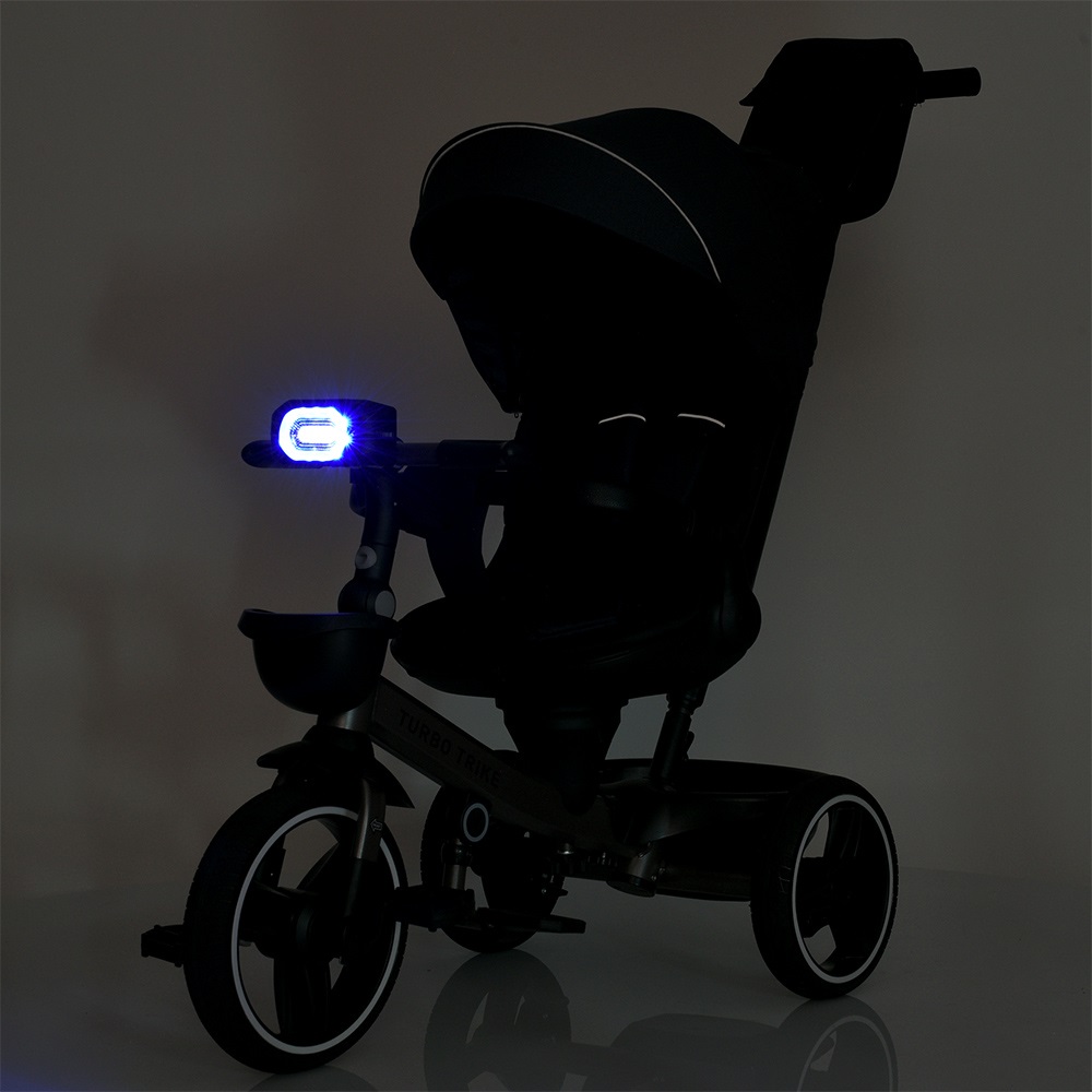 Turbo Trike MT 1002-9 - дитячий триколісний велосипед з батьківською ручкою, поворотне сидіння 360, складне кермо, ігрова панель, пластиковий кошик (від 1.5 до 3 років) • Темно-синій
