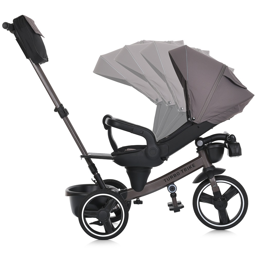 Turbo Trike MT 1002-13 - детский трехколесный велосипед с родительской ручкой, поворотное сиденье 360, складной руль, игровая панель, пластиковая корзина  (от 1.5 до 3 лет) • Мокко