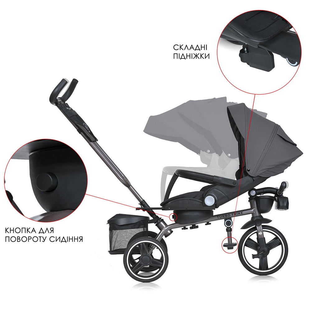Turbo Trike 2024 MT 1003-2 - детский трехколесный велосипед с родительской ручкой, поворотное сиденье 360, складной руль, фара, большой капюшон, корзина  (от 1.5 до 3 лет) • Графит