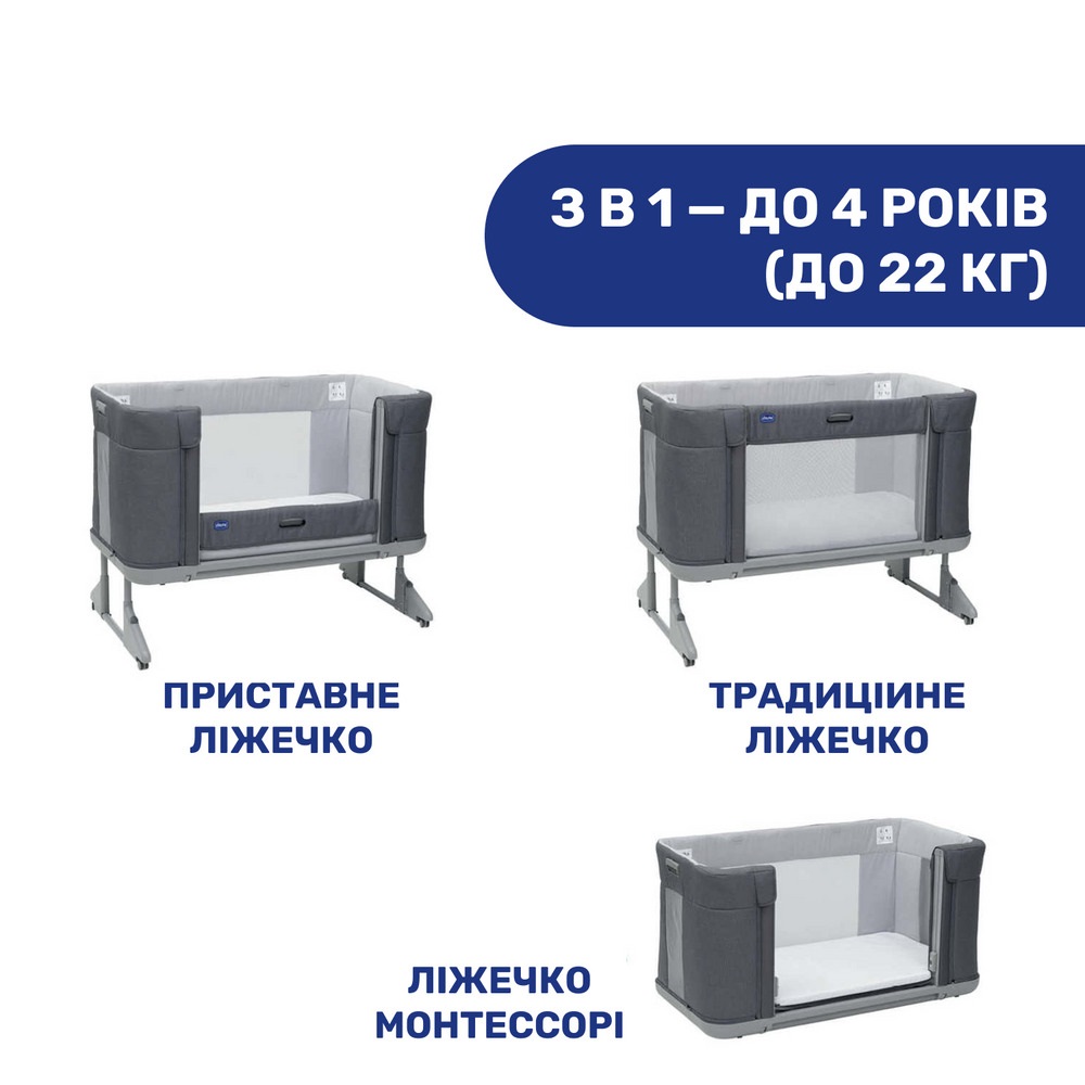 Chicco Next2Me Forever - дитяче приставне ліжечко-трансформер 3 в 1 (від народження до 4 років) • чорний з сірим (79650.04)