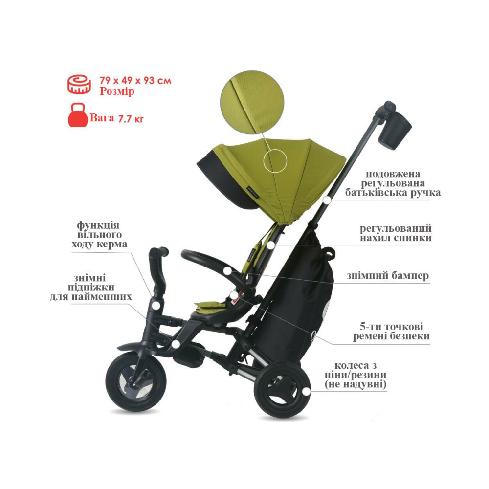 Qplay Nova Plus Rubber S700-13 - складаний дитячий триколісний велосипед з батьківською ручкою, поворотне сидіння (від 10 до 36 місяців) • Military Green