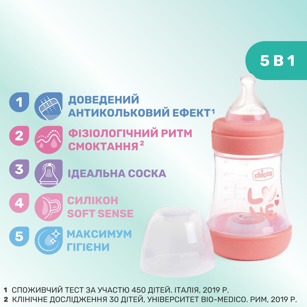 Бутылочка для кормления с силиконовой соской Chicco Perfect 5 Love, 150 мл, 0м+, розовый (20211.11.40)
