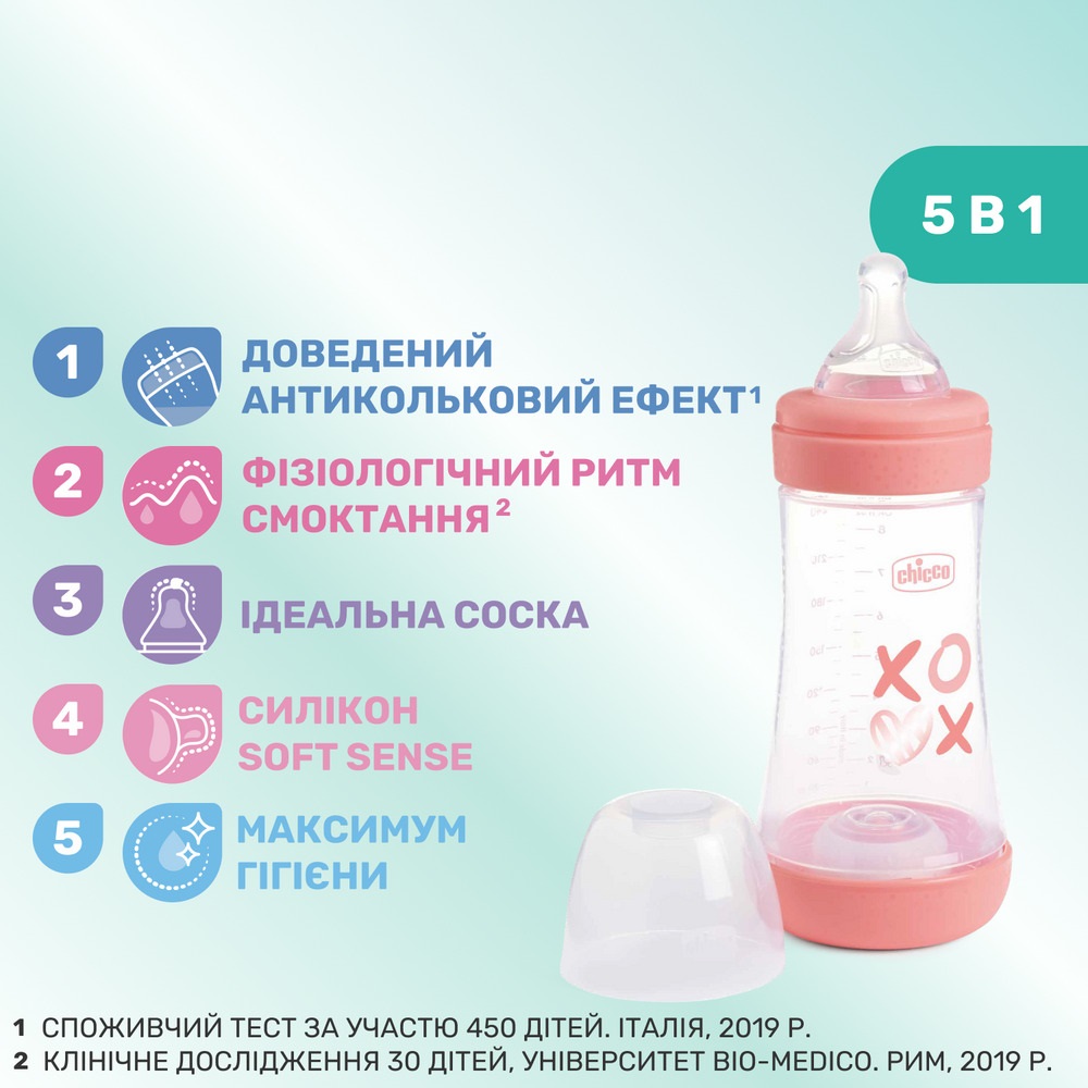 Бутылочка для кормления с силиконовой соской Chicco Perfect 5 Love, 240 мл, 2м+, розовый (20223.11.40) Бутылочка для кормления с силиконовой соской Chicco Perfect 5 Love, 240 мл, 2м+, розовый (20223.11.40)