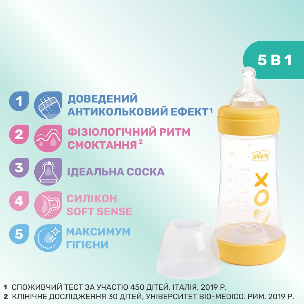 Бутылочка для кормления с силиконовой соской Chicco Perfect 5 Love, 240 мл, 2м+, желтый (20223.31.40)