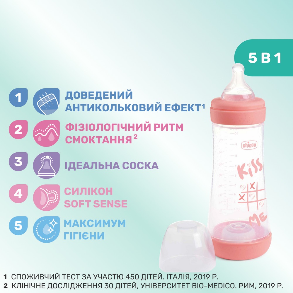 Пляшечка для годування із силіконовою соскою Chicco Perfect 5 Love, 300 мл, 4м+, рожевитй (20235.11.40)