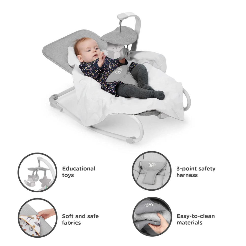 Kinderkraft Felio 2 - шезлонг-качалка с успокаивающими звуками, вибрацией и игрушками • Stone Grey (KBFELI20GRY0000)