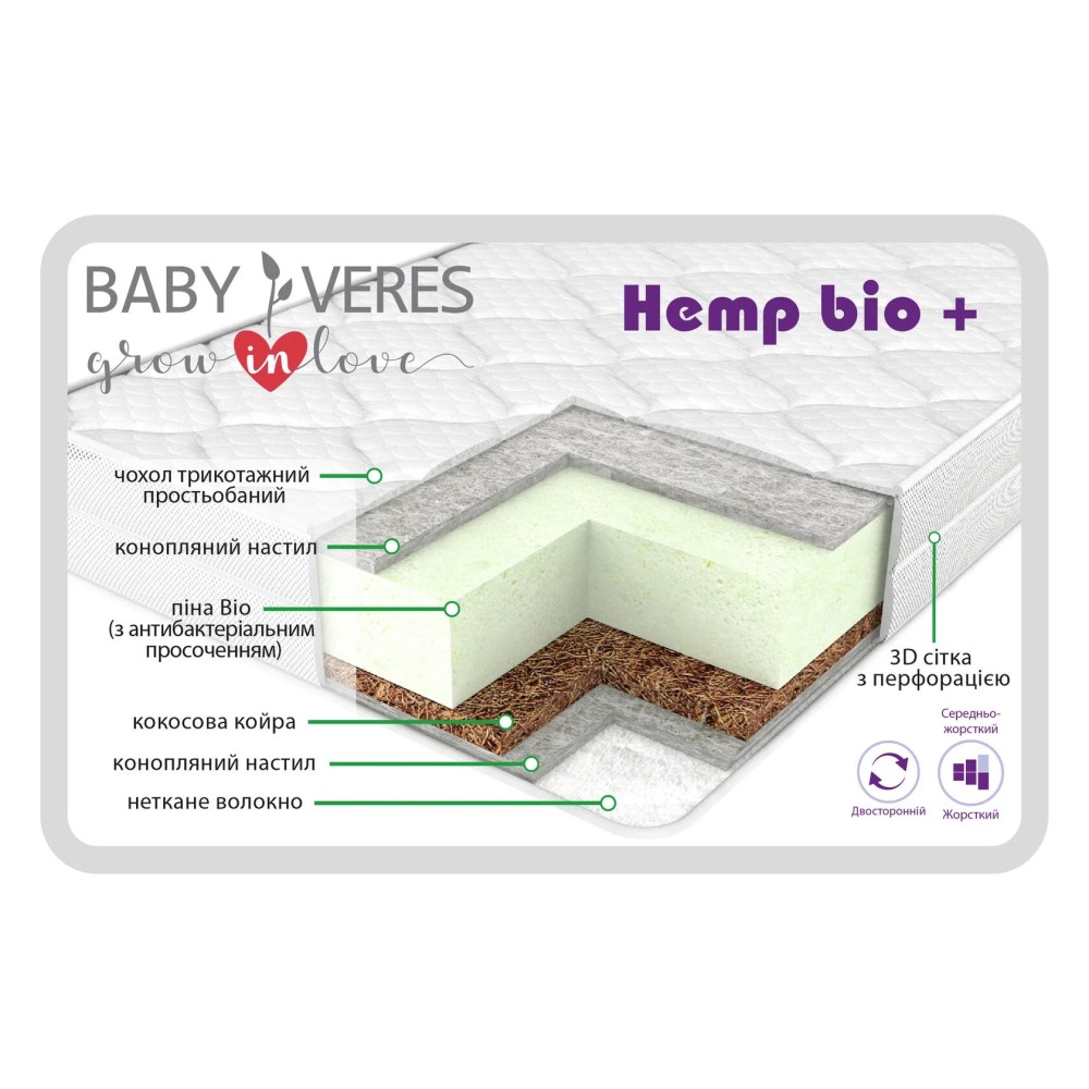 Baby Veres Hemp bio+ - матрас для новорожденных с дышащим эффектом (кокосовая койра, пена Bio,  конопляный настил) • 120х60х12 см