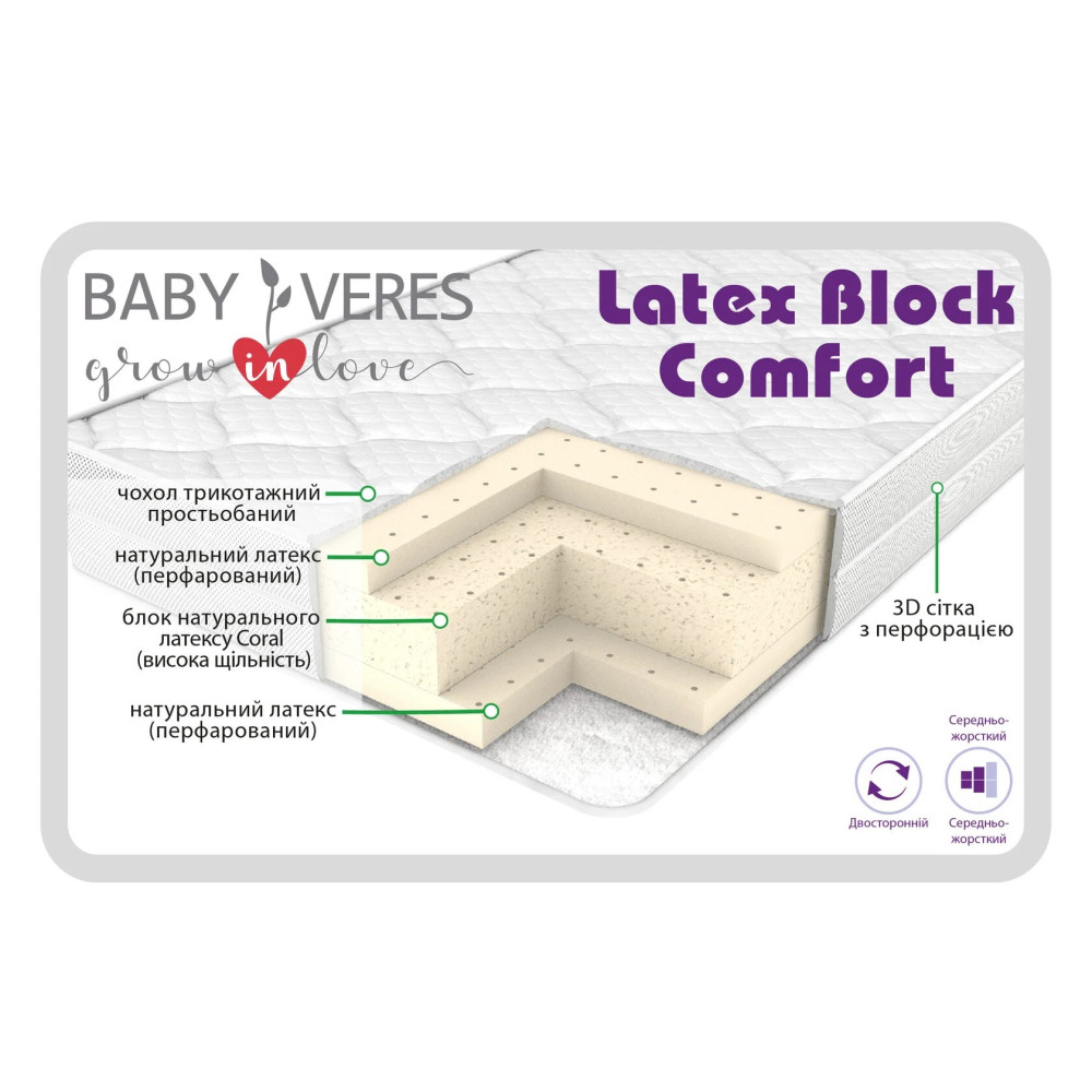 Baby Veres Latex Block comfort - матрац з дихаючим ефектом (натуральний латекс, латексний блок Coral) • 120х60х10 см