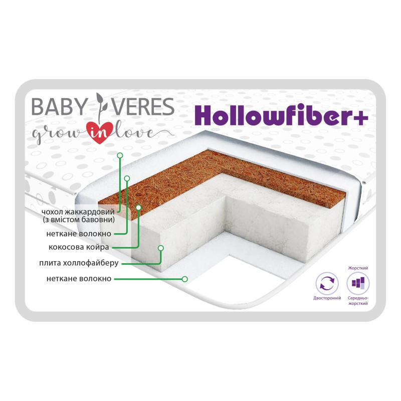 Baby Veres Hollowfiber + - матрас с разной жесткостью сторон (холлофайбер, кокосовая койра, нетканое волокно) • 120х60х10 см