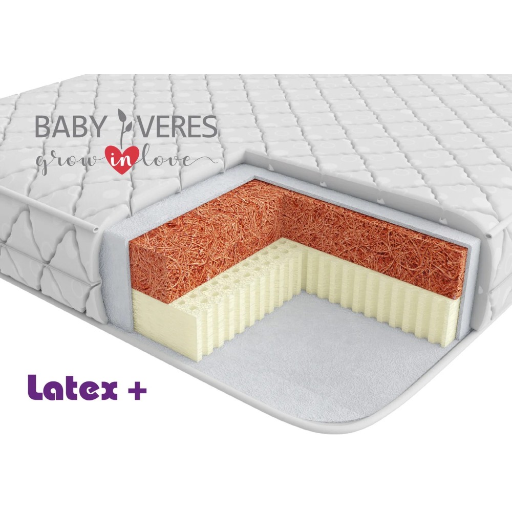 Baby Veres Latex + - матрас для новорожденного с двухсторонней основой (кокосовая койра, нетканое волокно, натуральный латекс блок 3 зоны) • 120х60х12 см