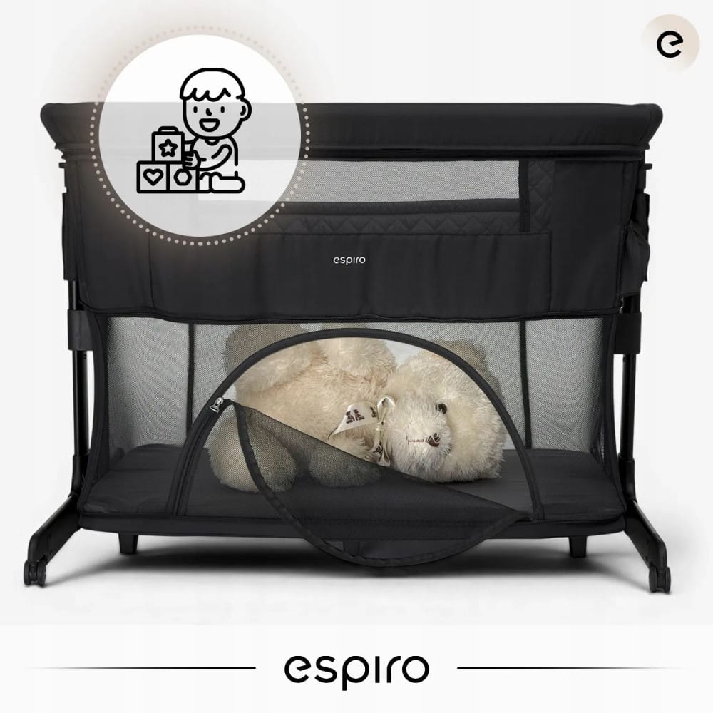 Espiro Cloud - приставная детская кроватка на колесах, манеж (4 колеса, регулировка высоты, сумка для переноски в комплекте) • 10 Black Shadow