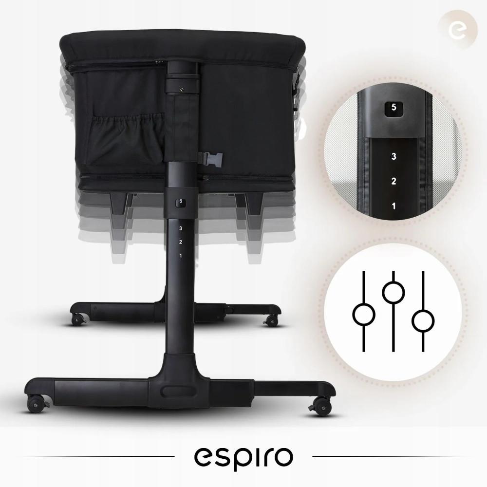 Espiro Cloud - приставная детская кроватка на колесах, манеж (4 колеса, регулировка высоты, сумка для переноски в комплекте) • 10 Black Shadow