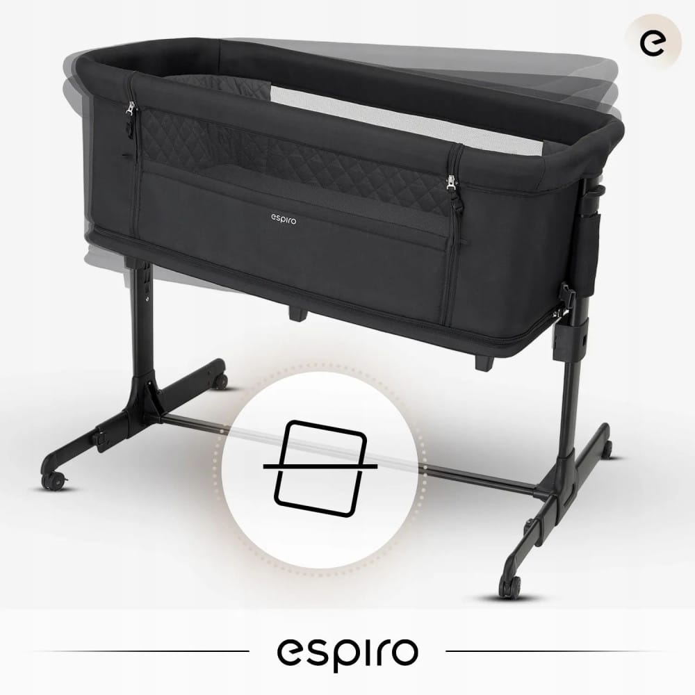 Espiro Cloud - приставная детская кроватка на колесах, манеж (4 колеса, регулировка высоты, сумка для переноски в комплекте) • 10 Black Shadow
