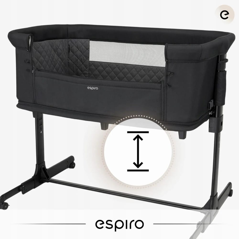 Espiro Cloud - приставная детская кроватка на колесах, манеж (4 колеса, регулировка высоты, сумка для переноски в комплекте) • 10 Black Shadow