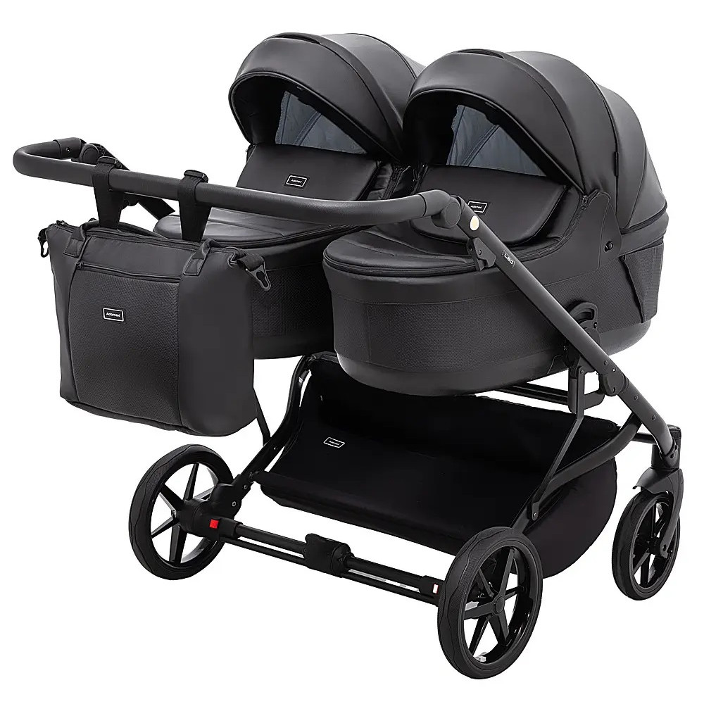 Adamex Leo Duo Eco - детская коляска для двойни, универсальная коляска 2 в 1 для двойни и погодок, независимая регулировка прогулочных блоков • Black (SA-2)