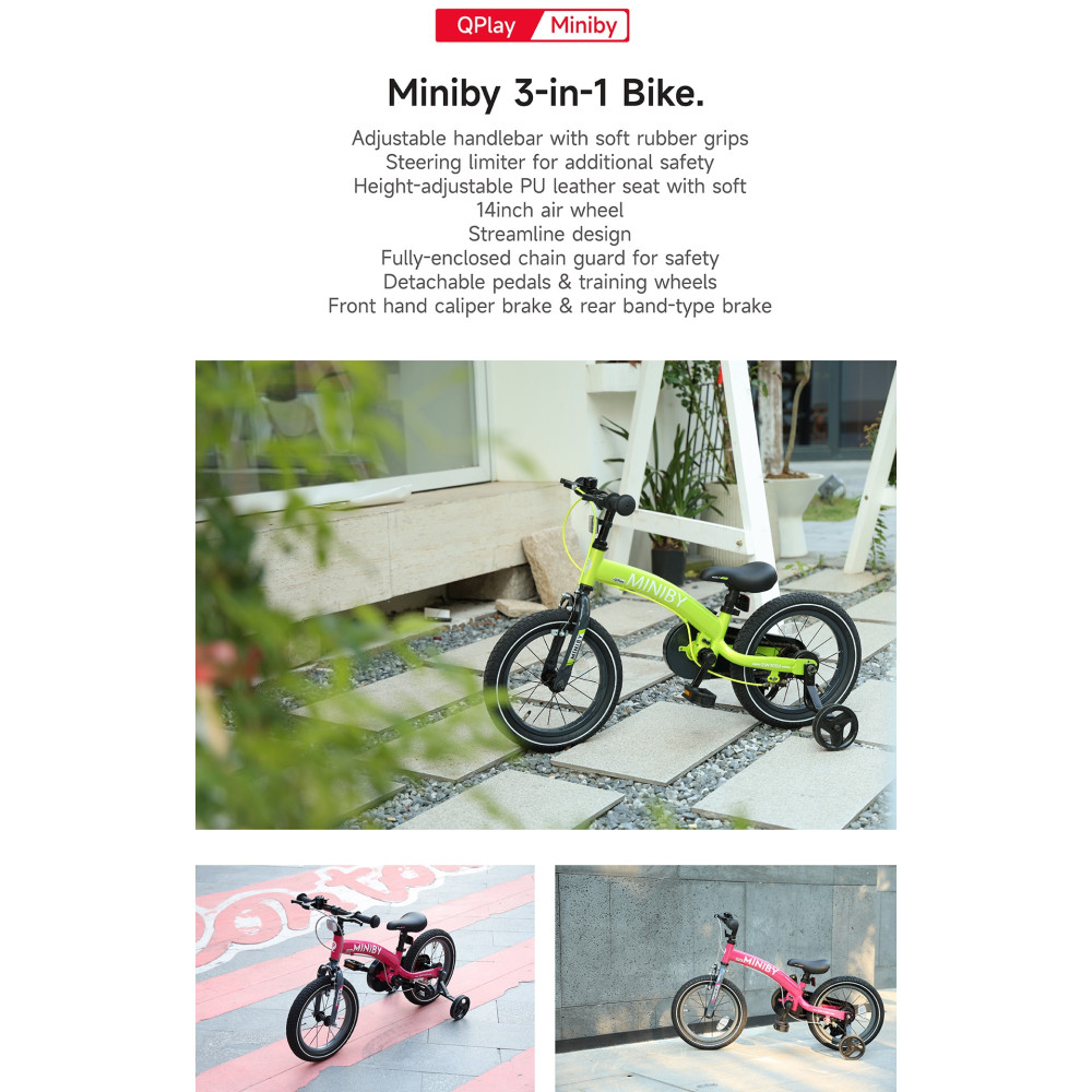 Qplay Miniby 3в1/14" - детский велосипед-беговел 3 в 1 • Green