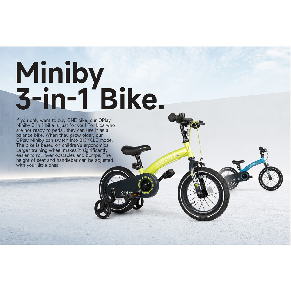Qplay Miniby 3в1/14" - детский велосипед-беговел 3 в 1 • Green