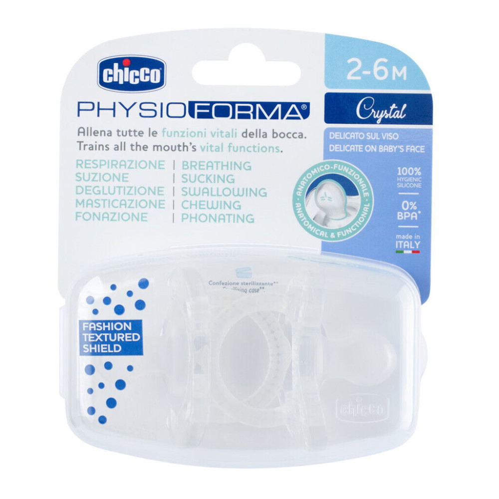Chicco PhysioForma Crystal 2-6 мес., 2 шт. - набор экстрамягких текстурных пустышек в футляре Chicco PhysioForma Crystal 2-6 мес., 2 шт. - набор экстрамягких текстурных пустышек в футляре