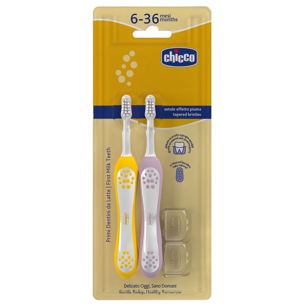 Зубная щетка Chicco для первых зубов, 6-36 мес, 2 шт, желто-розовая (12082.00)