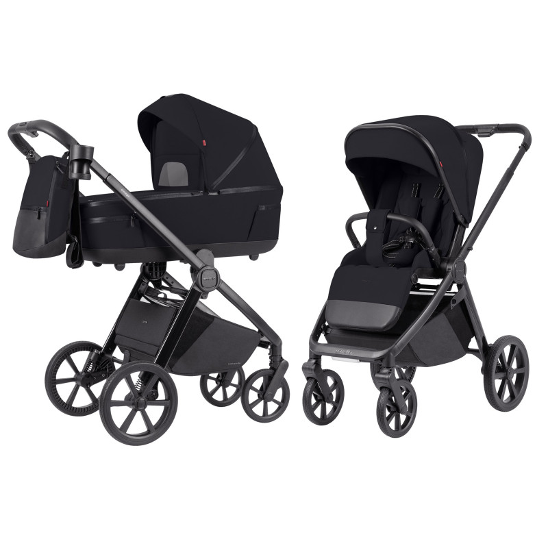 Carrello Omega Plus CRL-6540/1 + adapters - дитяча коляска 2 в 1 з адаптерами для автокрісла в комплекті, всесезонний візочок з ліхтариком LED, термолюлька, регулювання люльки по висоті, великі колеса, телескопічна ручка • Cosmo Black