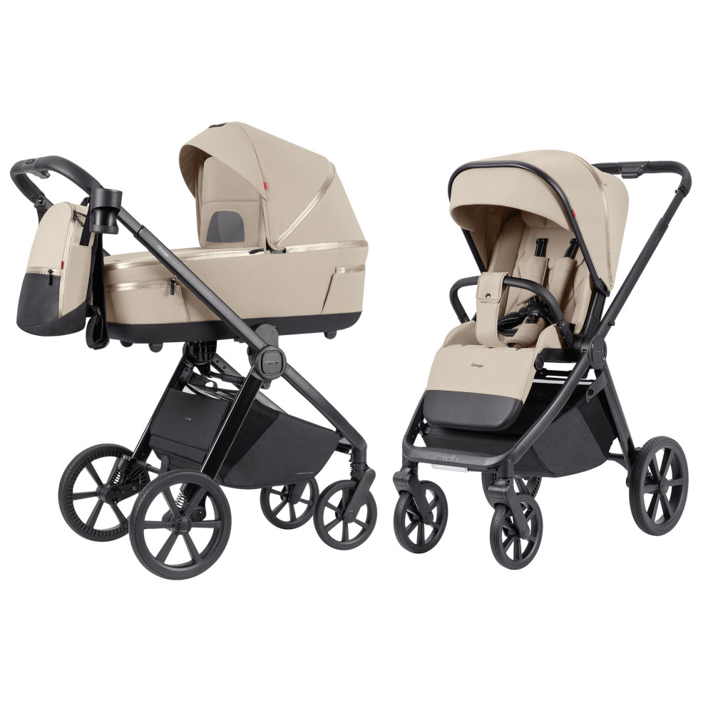 Carrello Omega Plus CRL-6540/1 - дитяча коляска 2 в 1, всесезонний візочок з ліхтариком LED, термолюлька, регулювання люльки по висоті, великі колеса, телескопічна ручка • Solar Beige