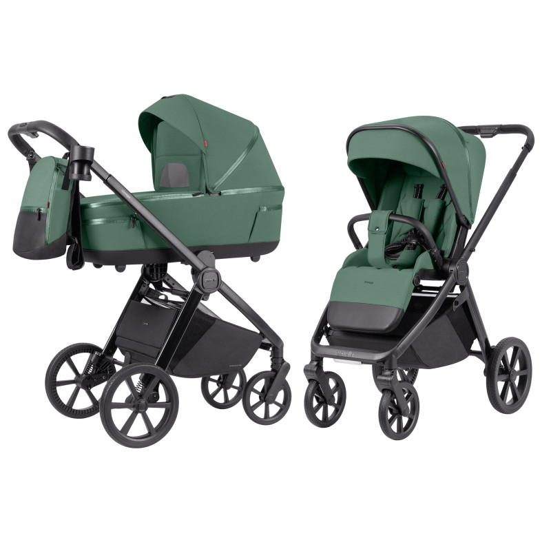 Carrello Omega Plus CRL-6540/1 + adapters - детская коляска 2 в 1 с адаптерами для автокресла в комплекте , всесезонная коляска с фонариком LED, термолюлька, регулировка люльки по высоте, большие колеса, телескопическая ручка • Nova Green