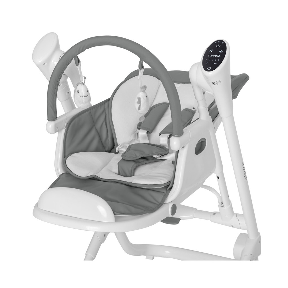 Carrello Triumph CRL-10302 - стільчик для годування з сенсорною панеллю, шезлонг, гойдалка з автоматичним безшумним рухом (живлення від мережі та батарейок, пульт ДК, таймер, 2 колеса) • Palette Grey