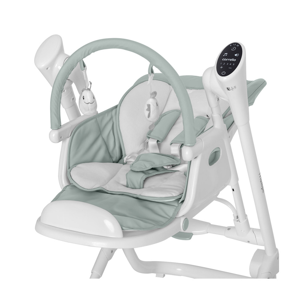 Carrello Triumph CRL-10302 - стульчик для кормления с сенсорной панелью, шезлонг, качели с автоматическим бесшумным движением (питание от сети и батареек, пульт ДУ, таймер, 2 колеса) • Olive Green