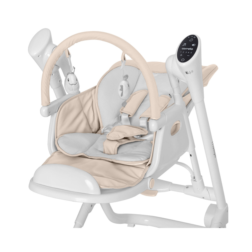 Carrello Triumph CRL-10302 - стільчик для годування з сенсорною панеллю, шезлонг, гойдалка з автоматичним безшумним рухом (живлення від мережі та батарейок, пульт ДК, таймер, 2 колеса) • Cream Beige