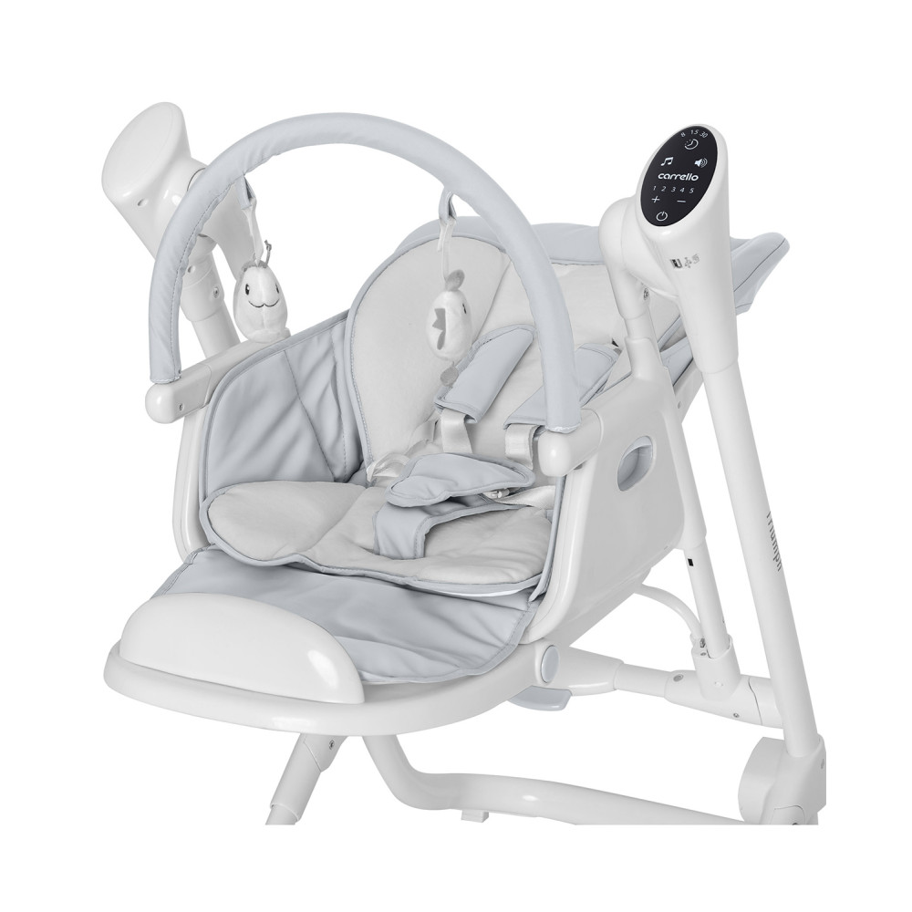 Carrello Triumph CRL-10302 - стільчик для годування з сенсорною панеллю, шезлонг, гойдалка з автоматичним безшумним рухом (живлення від мережі та батарейок, пульт ДК, таймер, 2 колеса) • Cloud Grey