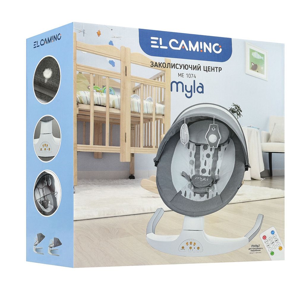 El Camino Myla ME 1074 - укачивающий центр от рождения (2 положения спинки, питание от сети или батареек АА, пульту ДУ, таймер, Bluetooth) • Dark Gray Squares
