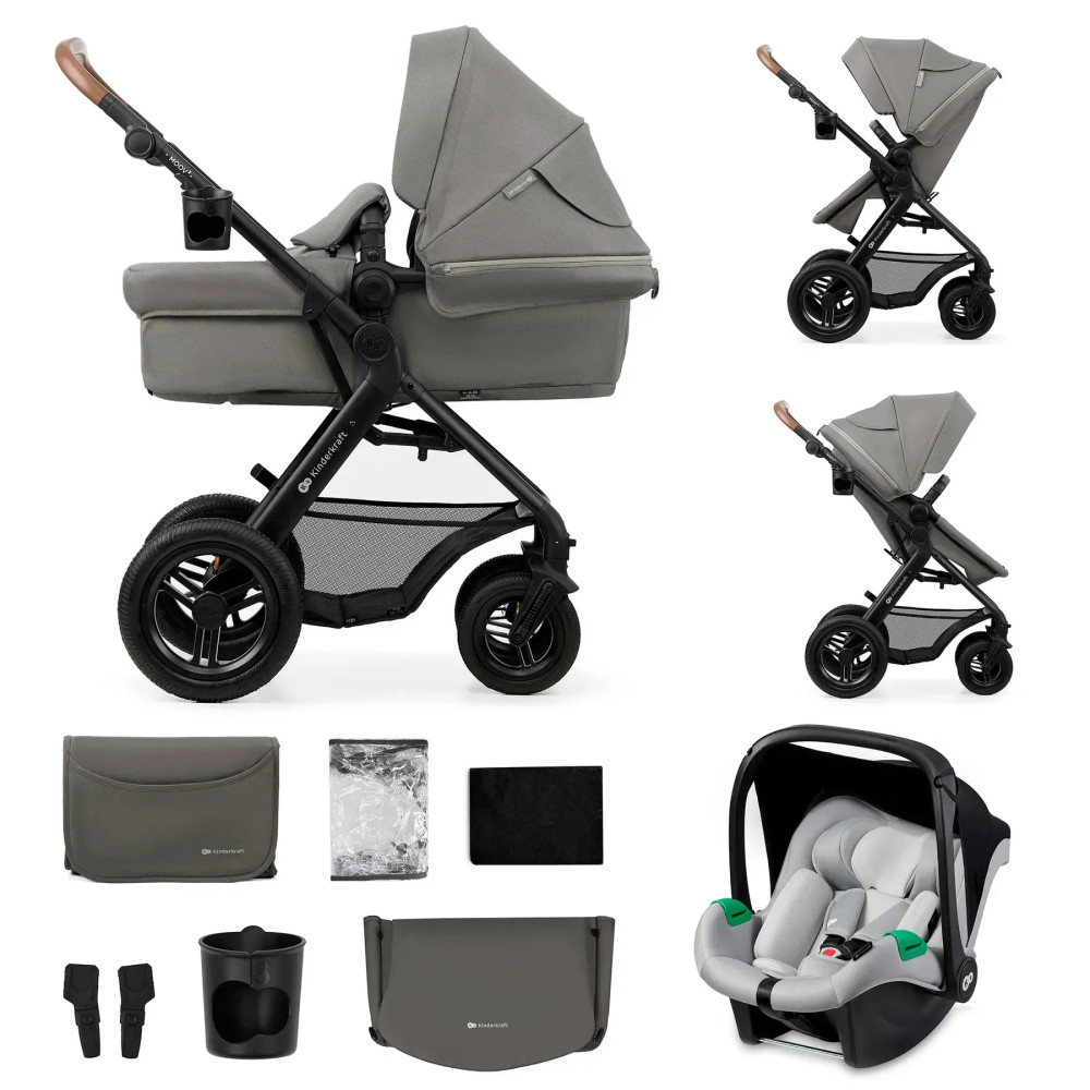 Kinderkraft Moov 2 Air - універсальна коляска 3 в 1 для подорожей, великі колеса, автокрісло Mink Pro i-Size • Light Gray (KSMOOV02LGR3000)