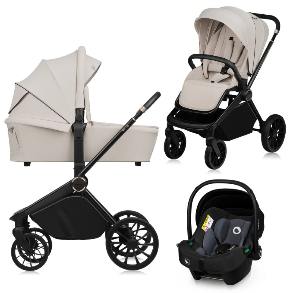 Lionelo Mika Plus - детская коляска 3 в 1,  автокресло, всесезонная коляска с люлькой для новорожденных, быстрое складывание • Beige Sand