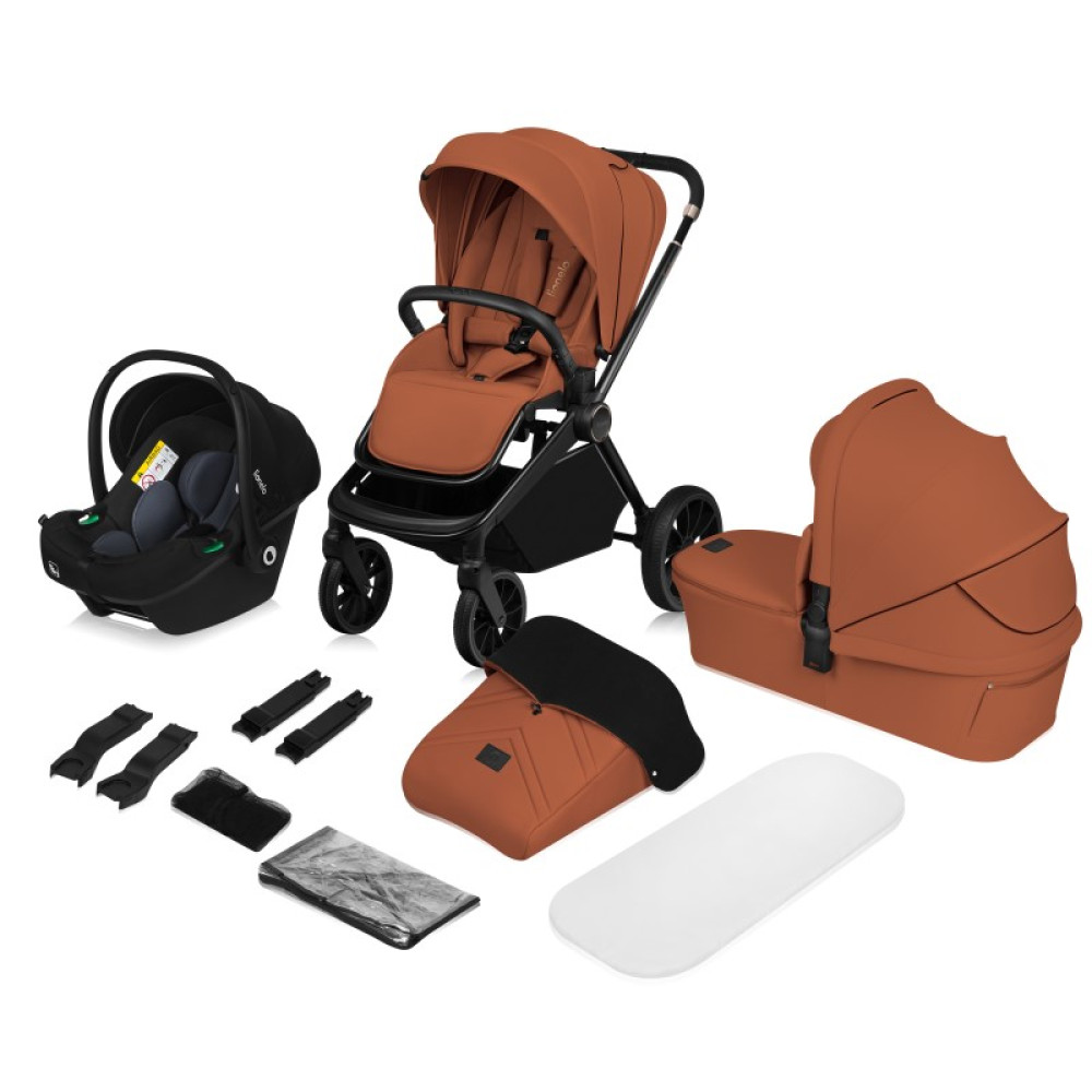 Lionelo Mika Plus - детская коляска 3 в 1,  автокресло, всесезонная коляска с люлькой для новорожденных, быстрое складывание • Brown Rust