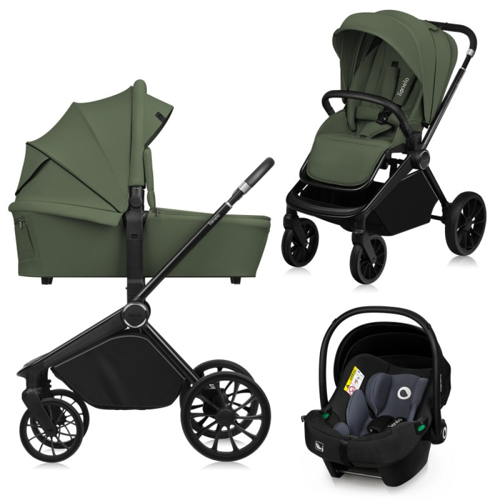 Lionelo Mika Plus - детская коляска 3 в 1,  автокресло, всесезонная коляска с люлькой для новорожденных, быстрое складывание • Green Olive