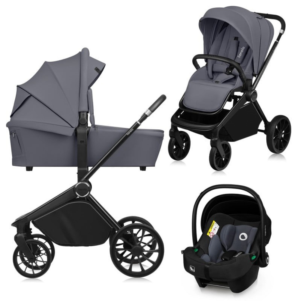 Lionelo Mika Plus - дитяча коляска 3 в 1, автокрісло, всесезонний візочок з люлькою для новонароджених, швидке складання • Grey Stone