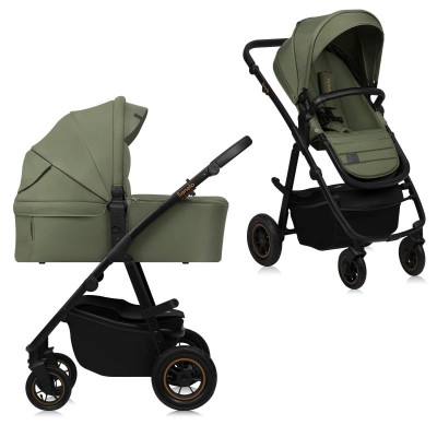 Lionelo Amber Plus - детская коляска 2 в 1, всесезонная коляска с люлькой для новорожденных, высокая люлька (75 см), надувные колеса • Green Forest