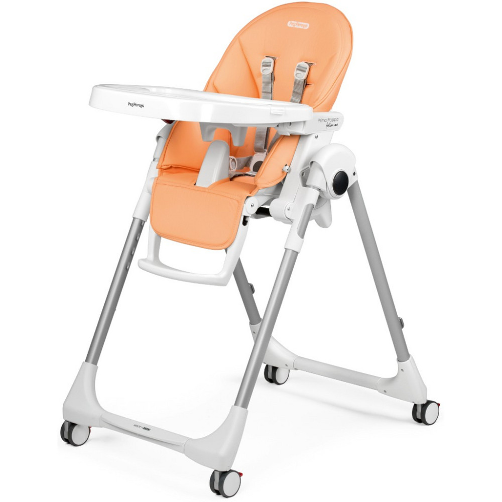 Peg Perego Prima Pappa Follow Me - стільчик для годування, шезлонг для новонароджених (регулювання по висоті, нахил спинки, регулювання підніжки), чохол з екошкіри, 4 колеса, компактне складання • Peach