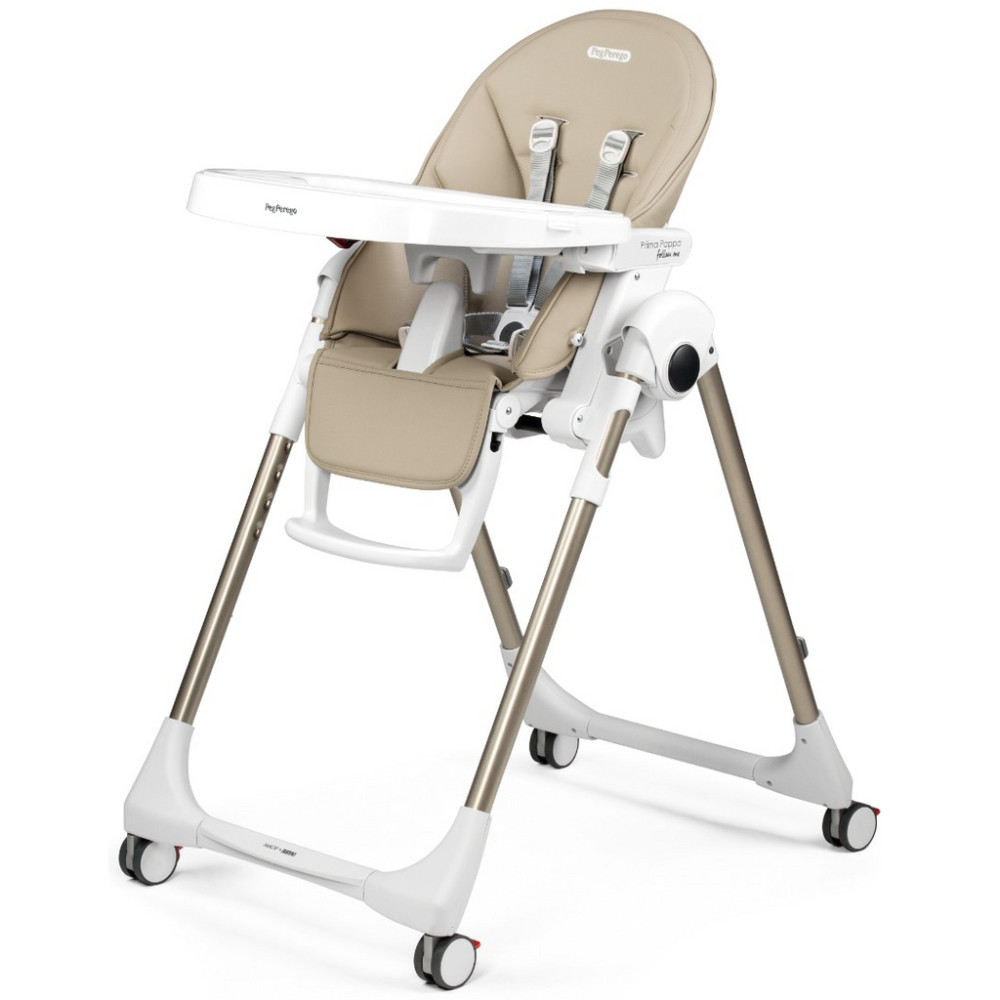 Peg Perego Prima Pappa Follow Me - стільчик для годування, шезлонг для новонароджених (регулювання по висоті, нахил спинки, регулювання підніжки), чохол з екошкіри, 4 колеса, компактне складання • Astral