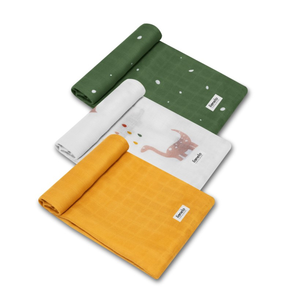 Lionelo Bamboo Set - бамбуковые пелёнки 70х70 см, 100% бамбуковый хлопок, 3 шт • Dino