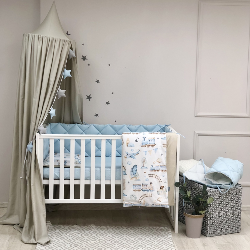 Постільний комплект Маленька Соня Baby Mix Паровозики, 6 предметів, блакитний (0291559)