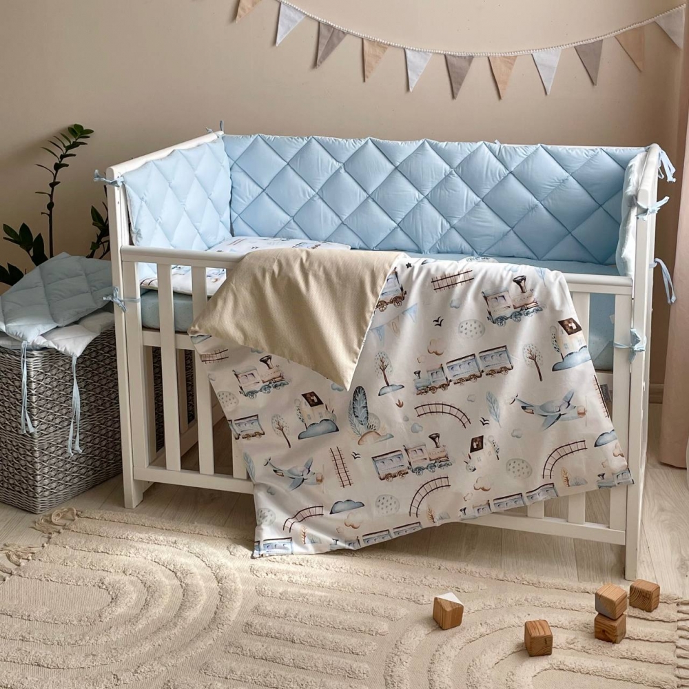 Постільний комплект Маленька Соня Baby Mix Паровозики, 6 предметів, блакитний (0291559)
