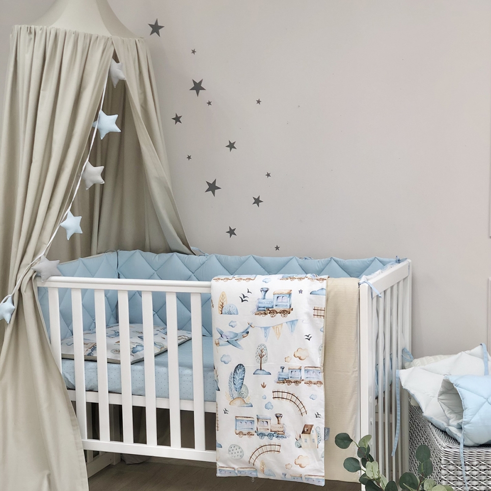 Постільний комплект Маленька Соня Baby Mix Паровозики, 6 предметів, блакитний (0291559)