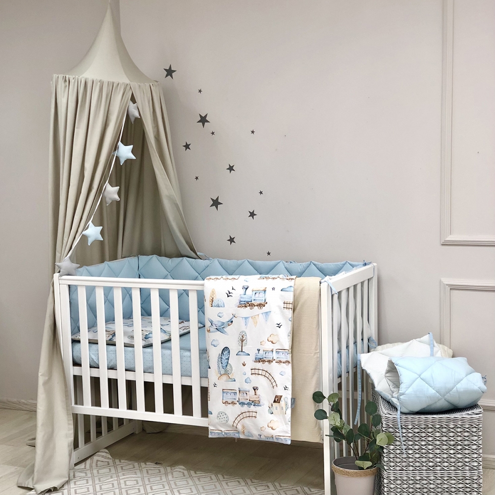Постільний комплект Маленька Соня Baby Mix Паровозики, 6 предметів, блакитний (0291559)