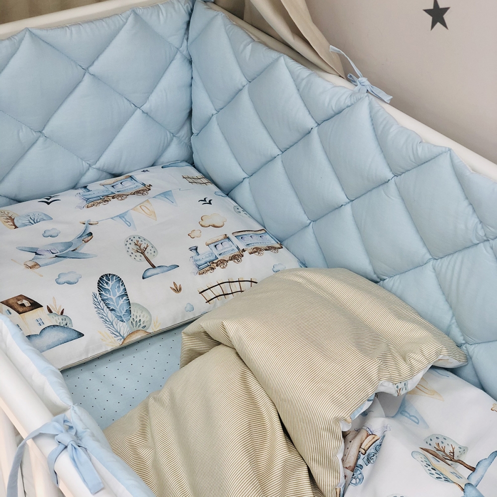 Постільний комплект Маленька Соня Baby Mix Паровозики, 6 предметів, блакитний (0291559)