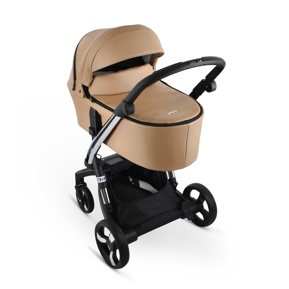 iBebe i-Stop - коляска 2 в 1, електричні гальма, м\'яка амортизація, реверсивний прогулянковий блок, екошкіра • IS33 Eco Dark Beige