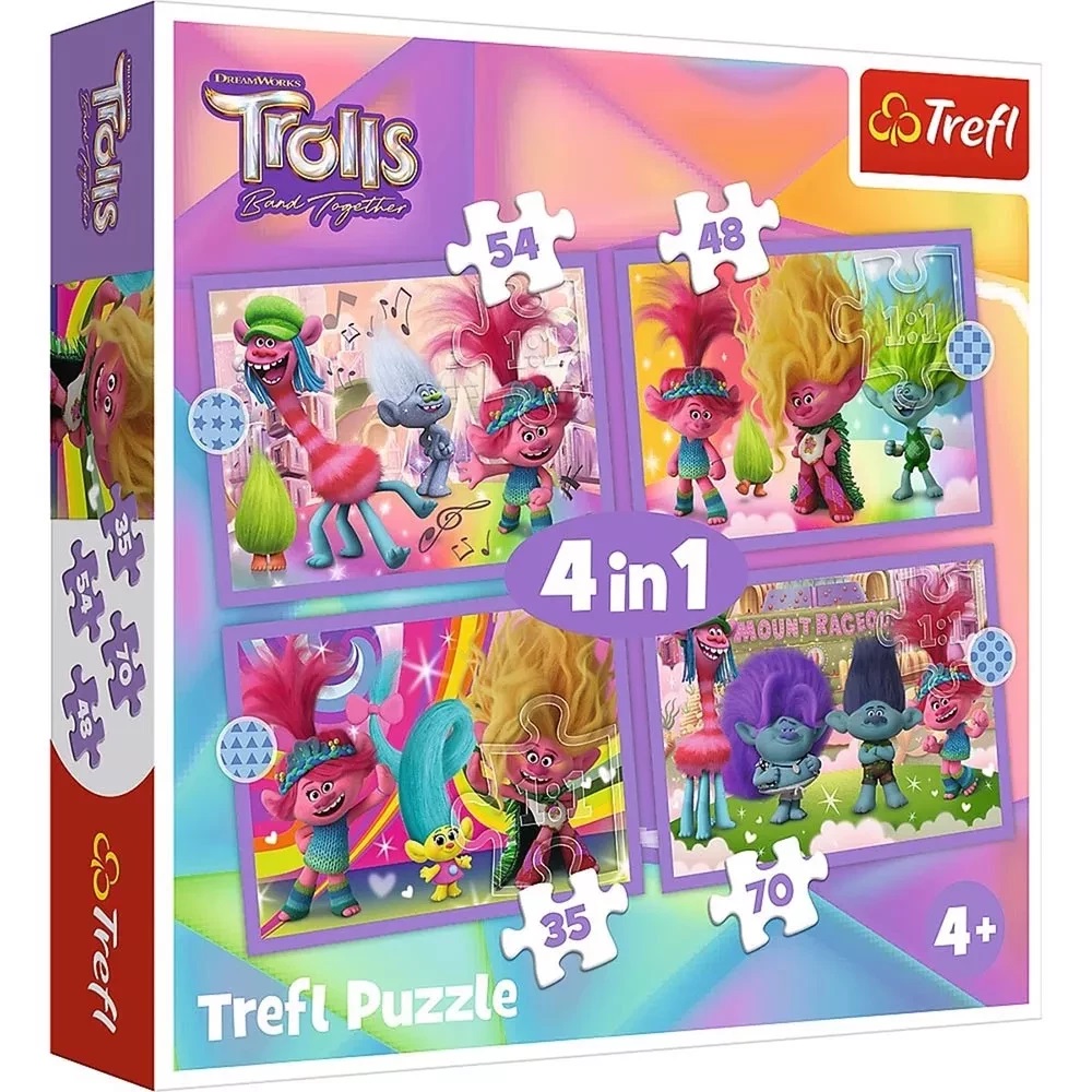 Пазлы Trefl 4в1 Приключения цветных Троллей (34622)